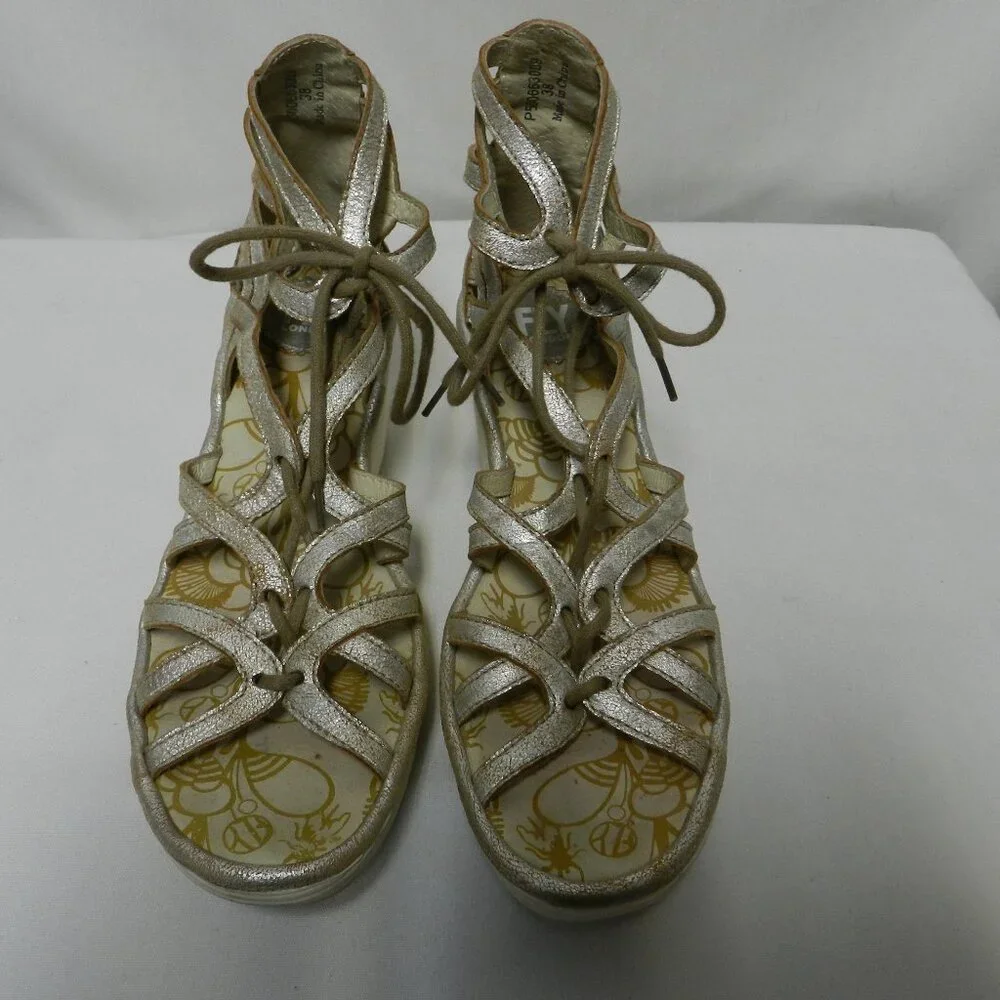 Fly London Yuke Leather Wedge Gladiator strappy sandals heels silver Size 38  8